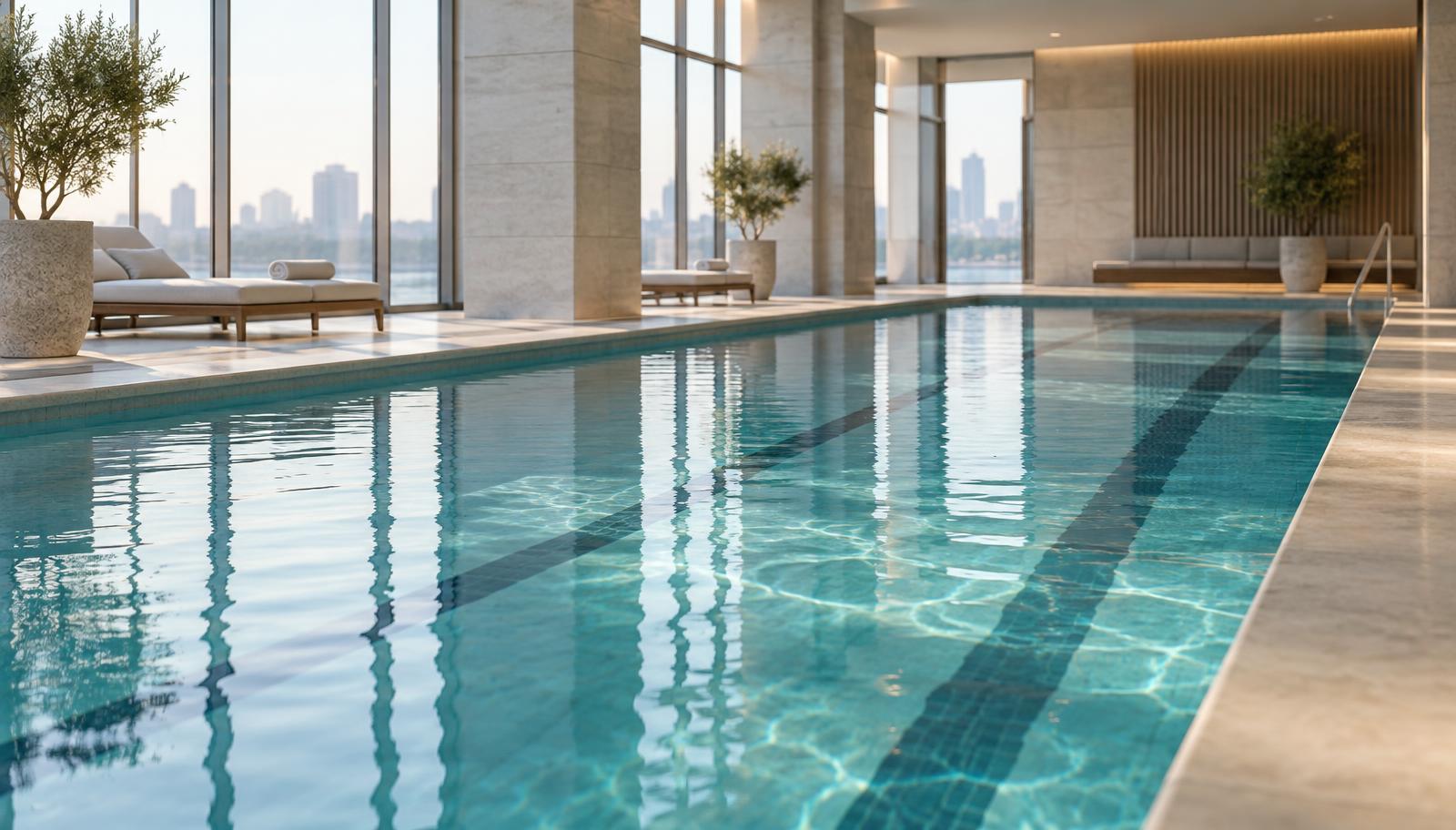 Calm indoor condo pool with clear water and lane lines